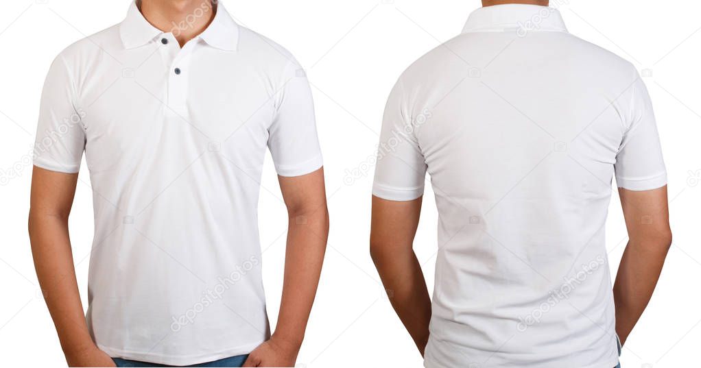 White t-shirt on asian young man isolated on white, front side and back side with copy space for text design and logo.