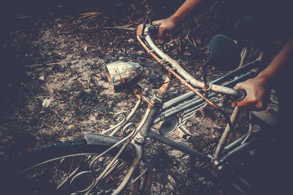 Asien Forntida Trehjuling Eller Trishaw Med Två Hand Förare Väntar — Stockfoto