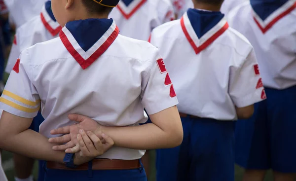 Boy Scouts Asiáticos Tomados Mano Para Resto Línea Regulación Primer —  Fotos de Stock