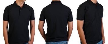 Asya genç adam izole üzerinde beyaz, ön arka yan ve arka yüzüne kopya alanı metin tasarım ve logo ile üzerinde siyah t-shirt.