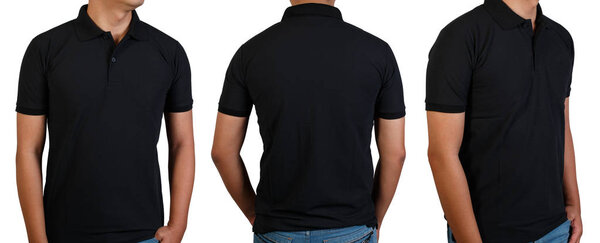 Black t-shirt on asian young man isolated on white, front side rear side and back side with copy space for text design and logo.
