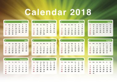 Takvim 2018. 2018 yılı için basit planlama takvimi. Resim şablonu.