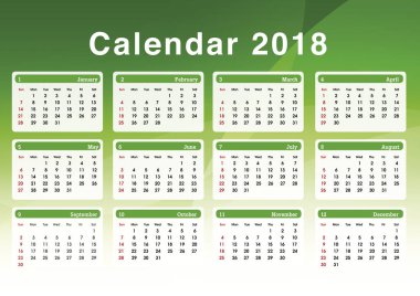 Takvim 2018. 2018 yılı için basit planlama takvimi. Resim şablonu.