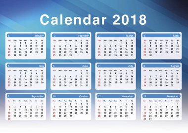Takvim 2018. 2018 yılı için basit planlama takvimi. Resim şablonu.