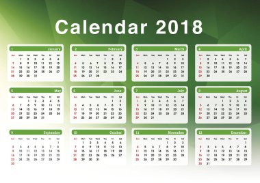 Takvim 2018. 2018 yılı için basit planlama takvimi. Resim şablonu.