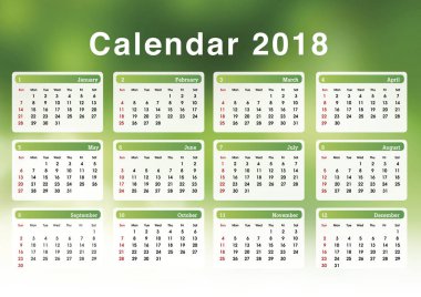 Takvim 2018. 2018 yılı için basit planlama takvimi. Resim şablonu.