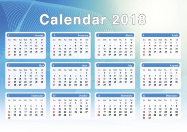 Takvim 2018. 2018 yılı için basit planlama takvimi. Resim şablonu.