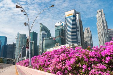 Singapur - 21 Mar 2017: Singapur şehir manzarası veya cityscape ve finans bölgesine. Anderson Köprüsü'nde sokak yürüyüş 21 Şubat 2017 üzerinde Singapur'da ateş.