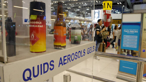 An example of items prohibited in cabin and checked baggage. The information for tourist in Suvarnabhumi International Airport Bangkok, Thailand.