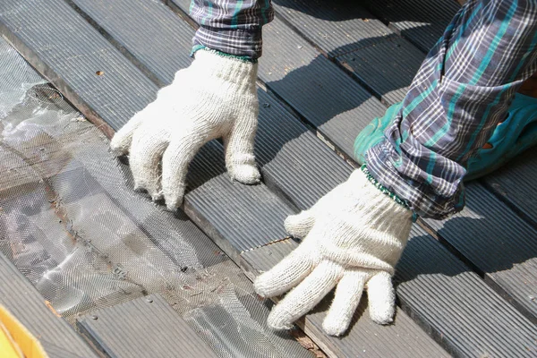 Snickare Hand Eller Hand Arbetstagare Golv Trä Golvet Verkstad — Stockfoto