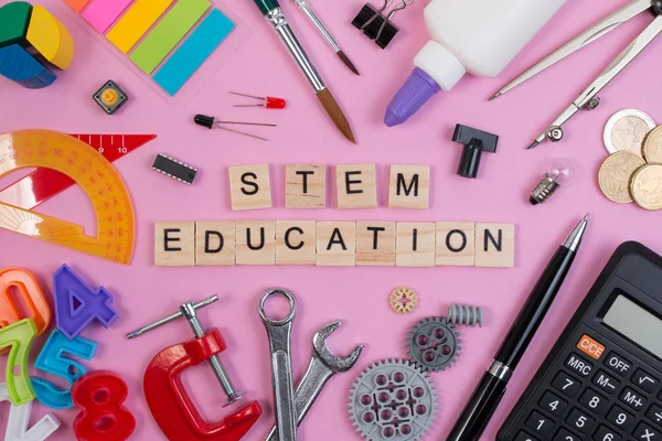 School Equipment Word Stem Education Pink Background Education Stem Concept — Stock Photo, Image