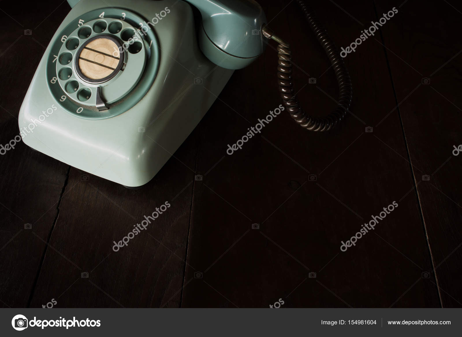 Old Green Vintage Telephone Phone Land Or Landline With Dust On Old Green Vintage Telephone Phone Land Or Landline With Dust On Wooden Retro Desk Copy Space For Text