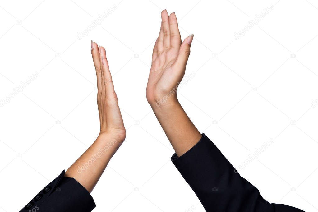 Businesswoman giving hi five or touching hands for celebration business achievement and success with teamwork isolated on white background.