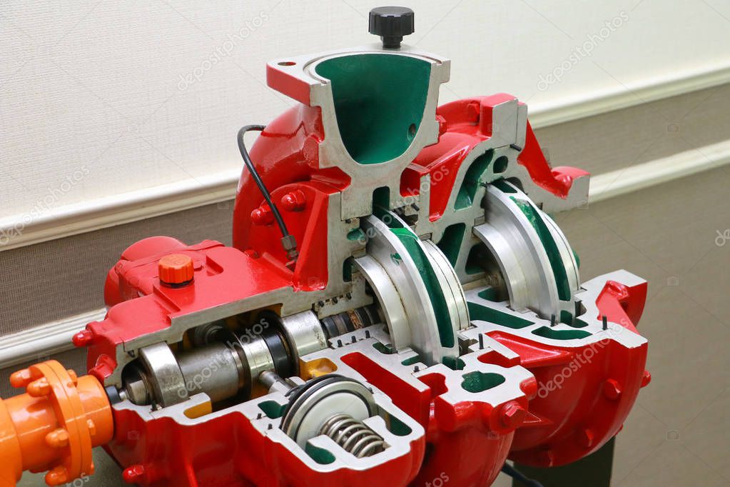 Engine pump water exploded view of firefighting machine hydraulics tool of fire engine. — Stock