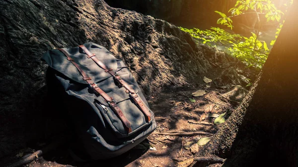 Hiking, kamp retro sırt çantası açık ormandaki bir yaşam tarzı. Kaya ve ağaç ormandaki seyahat için kahverengi sırt çantası.