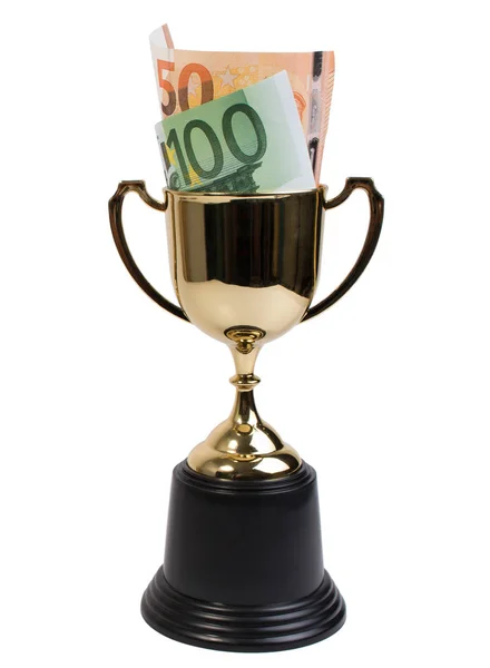 Classic Golden Trophy Golden Cup Euro Banknote Isolated White Background — Stock Photo, Image