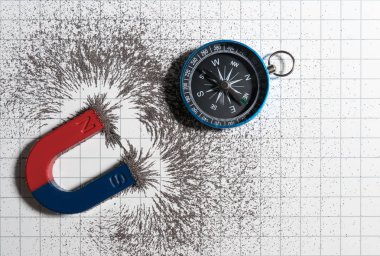 Red and blue horseshoe magnet or physics magnetic and compass with iron powder magnetic field on white paper graph background. Scientific experiment in science class in school. clipart