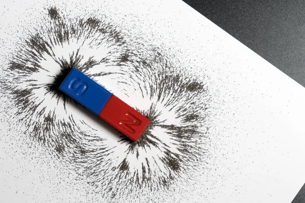 Beyaz Zemin Üzerinde Demir Tozu Manyetik Alanı Olan Kırmızı Mavi — Stok fotoğraf
