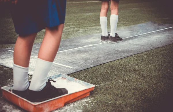 Students Boy Wait Queue Prepare Himself Taking Long Jump Flour — Stock Photo, Image