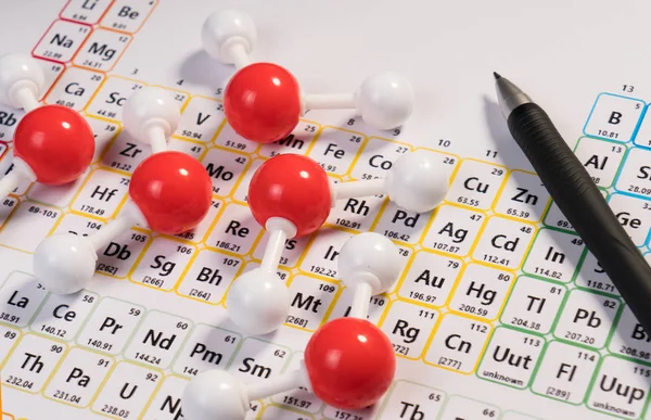 Modelo Químico Átomo Moléculas Água Elementos Científicos Tabela Periódica Dos — Fotografia de Stock