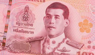 100 baht 'a yakın Tayland banknotu. Kral Maha Vajiralalong korn Bodindradebayavarangkun 'un görüntüsüyle Tayland banyosu. Para birimi kavramları.