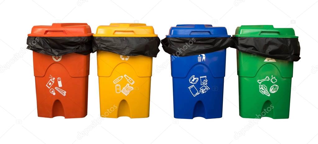 Three colorful recycle bins isolated on white background with th