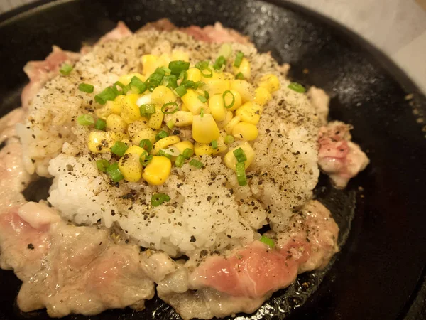 Χοιρινό κρέας ρύζι πιπεριά σε ζεστό πιάτο — Φωτογραφία Αρχείου