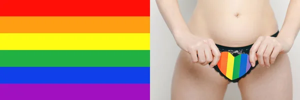 Kvinnan i svart underkläder med HBT-symbol, gay emblem — Stockfoto