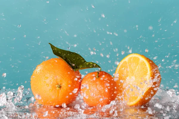 citrus fruits composition on a colored background.water splashin