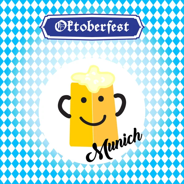 Vetor OKTOBERFEST. Mag Cerveja Smiley em Oktoberfest padrão bandeira da Baviera. Oktoberfest Festival de cerveja na Alemanha e Octoberfest EUA —  Vetores de Stock