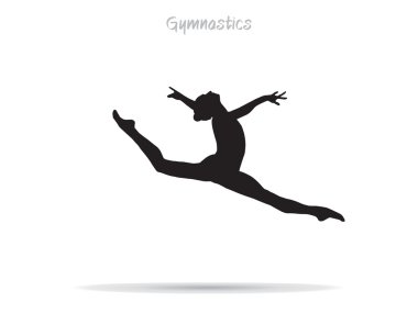 Jimnastik. Spor salonu. Jimnastik siluet genç jimnastikçi kadın ve gölge. Vektör çizim tek renkli düz. Ritmik jimnastik, tramplende zıplarken, akrobatik cimnastik aerobik jimnastik Uluslararası Federasyonu 2019. Spor çocuklar. Jimnastik çocuklar. Atlama