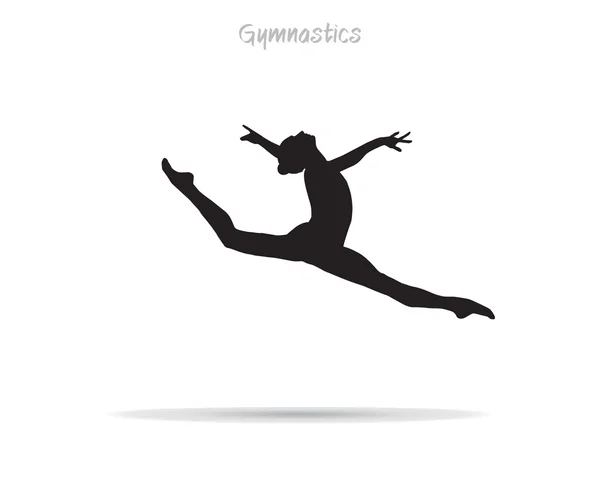 Ginástica. Sim. Ginásio. Ginástica Silhueta Jovem Ginasta mulher e sombra. ilustração vetorial plana monocromático. Ginástica rítmica, trampolins, ginástica acrobática ginástica aeróbica Federação Internacional de Ginástica aeróbica 2019. Sports Kids. Miúdos da ginástica. Salta. — Vetor de Stock