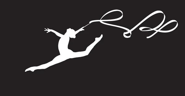 Gimnasia. Gimnasio. Cinta. Gimnasia Silueta Joven Gimnasta mujer con cinta. Ilustración vectorial plana Monocromo. Gimnasia rítmica, trampolín, gimnasia acrobática gimnasia aeróbica International Federation 2019 — Vector de stock