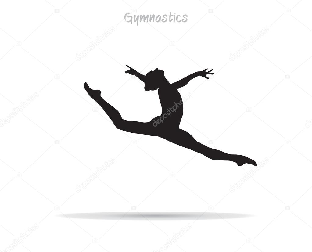 Gymnastic. Gym. Gymnastics Silhouette Young Gymnast woman and shadow. Flat Vector illustration Monochrome. Rhythmic gymnastics, trampolining, acrobatic gymnastics aerobic gymnastics International Federation 2019. Sports Kids. Gymnastics kids. Jump