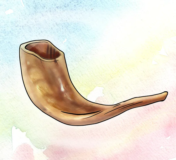 Shofar (corno) di Rosh Hashanah (Capodanno ebraico). Simbolo religioso. Alla vecchia maniera. Disegnato a mano, acquerello. Rosh Hashana, Sukkot, Shofar, Ebraico, Shana Tova, Feste ebraiche, Capodanno ebraico, Torah, 2018, Yom Kippur, Sukkah, Sukkot, banner, wallapper card — Foto Stock