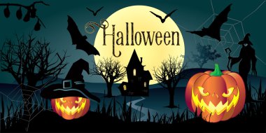 Cadılar Bayramı. Cadılar Bayramı illüstrasyon Cadılar Bayramı Balkabağı, yarasa, sihirli şapka, ağaçlar ile örümcekler web, House, moon, cadı kadın Cadılar Bayramı tatil için. Cadılar Bayramı partisi arka plan, Şükran günü, çocuklar, ya parani ya canini. Cadılar Bayramınız Kutlu Olsun.