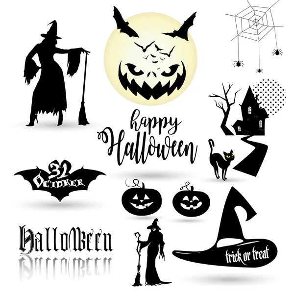 Halloween. Conjunto de símbolos de la fiesta de Halloween Calabaza de Halloween, murciélago, árboles, sombrero mágico, tela de arañas, casa de caza, luna, mujer bruja — Archivo Imágenes Vectoriales