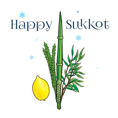 Sukkot. Mutlu Sukkot arka plan. İbranice çeviri: mutlu Sukkot tatil. Yahudi geleneksel dört türü Lulav, Etrog, palmiye ağacı için Yahudi tatil Sukkot bırakır. Vektör çizim. Sukkot tebrik kartı. Sukkot poster. Tevrat, Shofar, Sukkah, İsrail