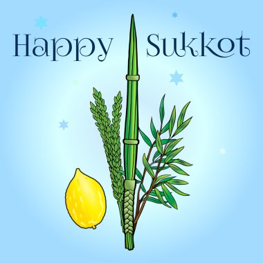 Sukkot. Mutlu Sukkot arka plan. İbranice çeviri: mutlu Sukkot tatil. Yahudi geleneksel dört türü Lulav, Etrog, palmiye ağacı için Yahudi tatil Sukkot bırakır. Vektör çizim. Sukkot tebrik kartı. Sukkot poster. Tevrat, Shofar, Sukkah, İsrail