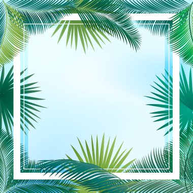 Sukkot palmiye ağacı çerçeve bırakır. Palmiye yaprak çerçeve. Palmiye dalı arka plan bırakır. Tropikal palmiye yaprak çerçeve metin için beyaz boşluk ile. Orman arka plan yeşil yaprakları. Vektör çizim. Yaz poster.
