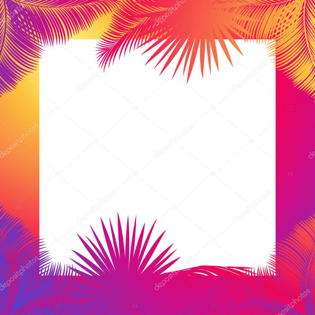 Tropical palm tree leaves frame. Jungle palm tree. Sukkot palm tree leaves frame. Palm leaf frame. Palm branch leaves background. Tropical palm leaf frame with white space for text. Jungle background green leaves. Vector illustration. Summer poster.
