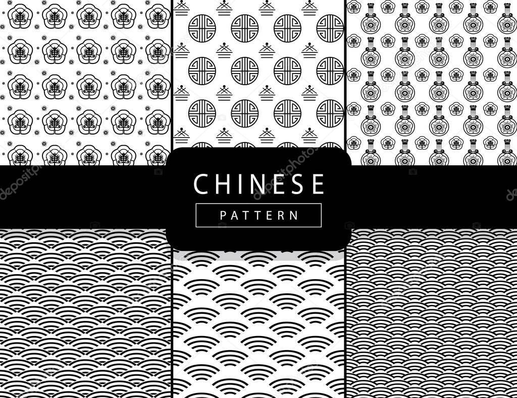 Chinese Luxury Holiday Print pattern. Chinese ornamental background set. Black ornament on white background. Asian traditional ornament. Festive Vector illustration. Carnival invitation, Greeting card, textile, Print background. Seamless pattern