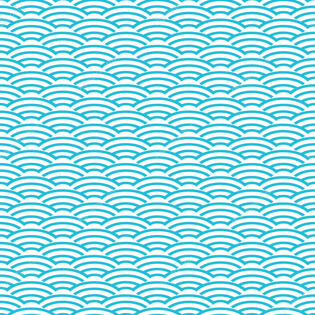 Chinese Summer Holiday pattern. Blue waves. Sea color. Chinese ornamental background. Blue fans on white background. Asian traditional ornament. Festive Vector illustration. Carnival invitation, Greeting card, textile, Print background. Wavy blue sea