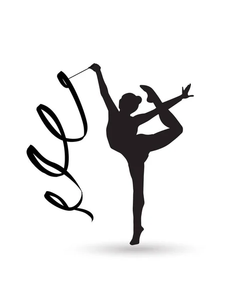 Silhouette Gymnaste Girl avec ruban isolé sur fond blanc. Rythmique Gymnastique jeune fille isolée. Des gamins de gym. Athlète olympique gymnastique. Ruban de gymnastique vecteur. Gymnastique artistique, ballet, yoga, gym, sport de fitness — Image vectorielle