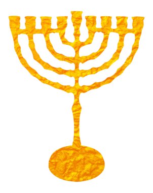 Hanuka Festival ışıkların. Yahudi tatil Hanukkah Menorah (geleneksel Mumluk) Hanukkah mumlar için. Hanukkah Menorah beyaz arka plan üzerinde izole. Dijital illüstrasyon. Altın Yedi Kollu Şamdan.