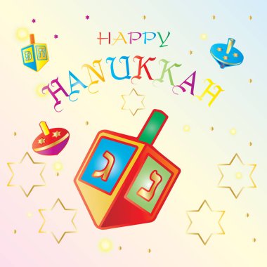 Hanuka Festival ışıkların. Tebrik kartı. Hanuka tebrik kartı. Topaç Yahudiler tarafından kullanılan her tarafında bir İbranice mektup ile bir küçük dört kenarlı iplik üst. Beyaz arka plan üzerinde Yahudi Hanuka Bayramı sembolü izole iplik.