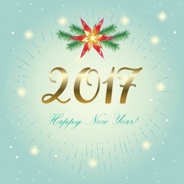 Yeni Yılınız Kutlu Olsun. 2017. Noel. Mutlu yeni yıl 2017. Noel tatil tebrik kartı. Noel kartı. Noel ağacı dalı. Kar taneleri, yıldız ve parlak sparkles konfeti. Vektör. Merry Christmas ve yeni yıl. Tatil.