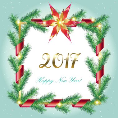 Noel. Mutlu yeni yıl 2017. Noel tatil tebrik kartı. Noel kartı. Noel ağacı dalı. Kar taneleri, yıldız ve parlak sparkles konfeti. Dijital illüstrasyon. Merry Christmas ve yeni yıl. Tatil.
