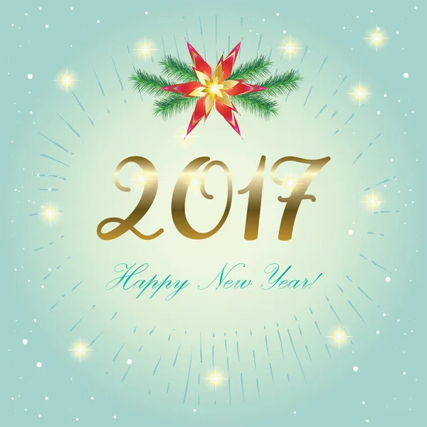 Happy New Year. 2017. Christmas. Happy New Year 2017. Christmas Holiday greeting card. Christmas card. Christmas tree branch. Snowflakes, stars and bright sparkles confetti. Vector. Merry Christmas and New Year. Holiday.