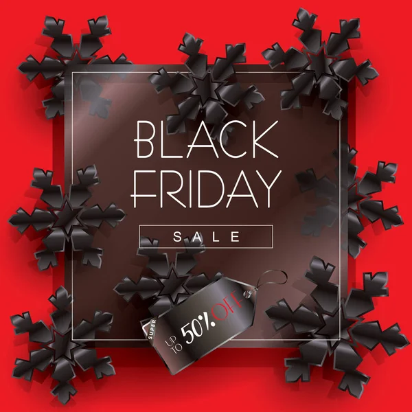 Black Friday Venta diseño de póster, plantilla. Ilustración vectorial. Viernes Negro Venta de descuento fondo de pantalla con etiqueta de precio, copos de nieve negro, confeti brillo de oro sobre fondo de vidrio negro. Venta de vacaciones Publicidad banner web . — Archivo Imágenes Vectoriales